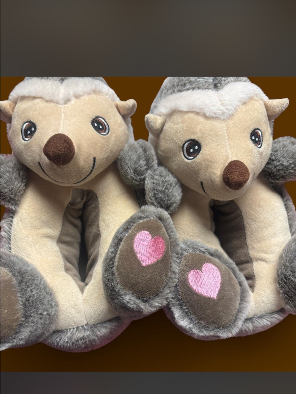 Cozy Plush Hedgehog Slippers with Pink Heart Soles